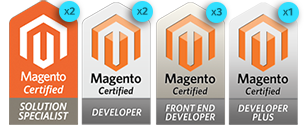 Magento certification badges: Solution Specialist ×2, Developer ×2, Frontend Developer ×3, Developer Plus ×1